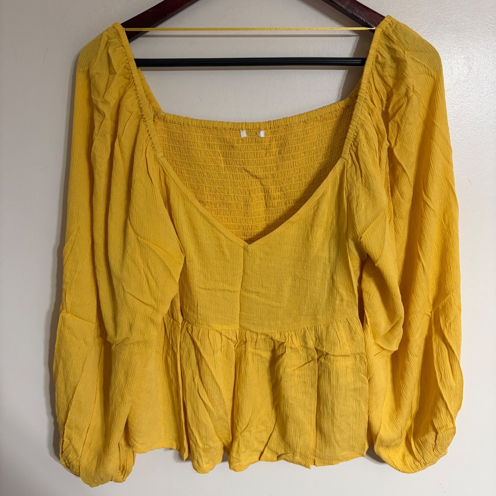O'Neill Womens Yellow Smocked Peplum Top Long Sleeve Viscose Blouse RN85773
